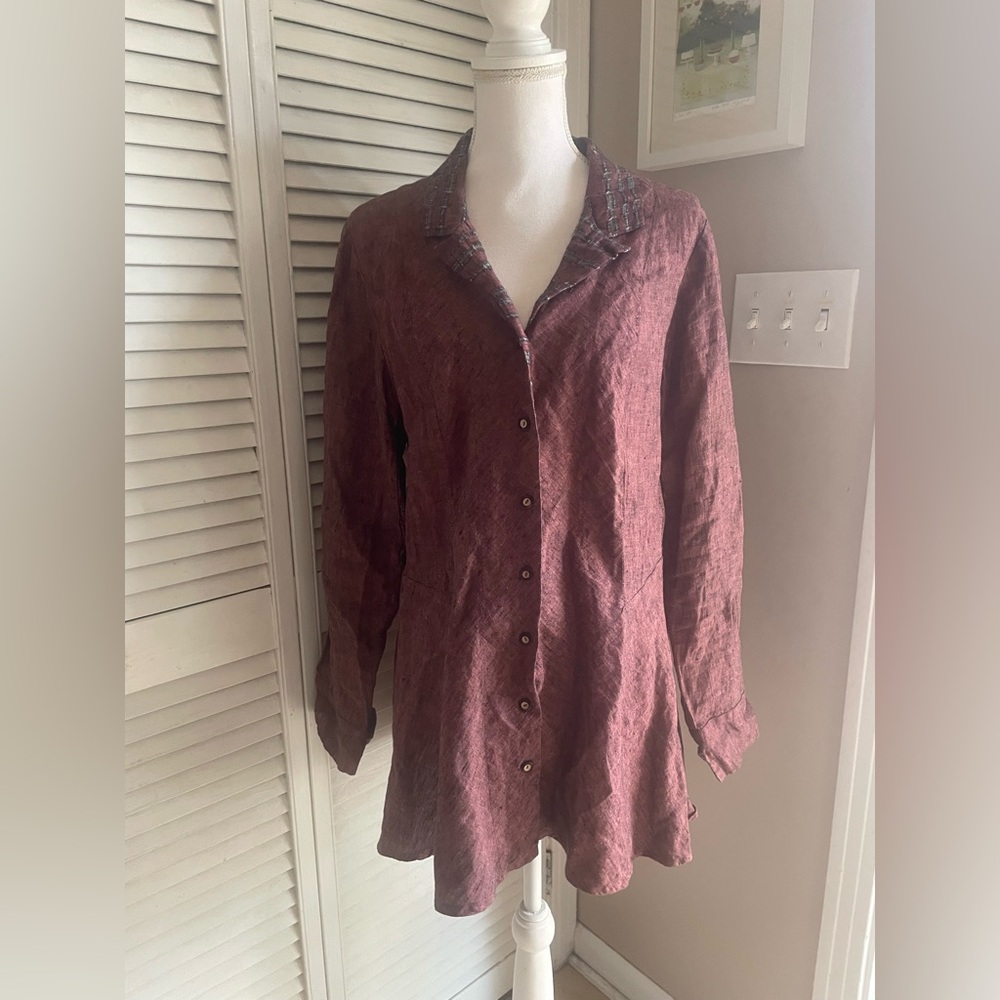 Flax Linen Tunic Jacket Size Medium M Maroon Burgundy A-line